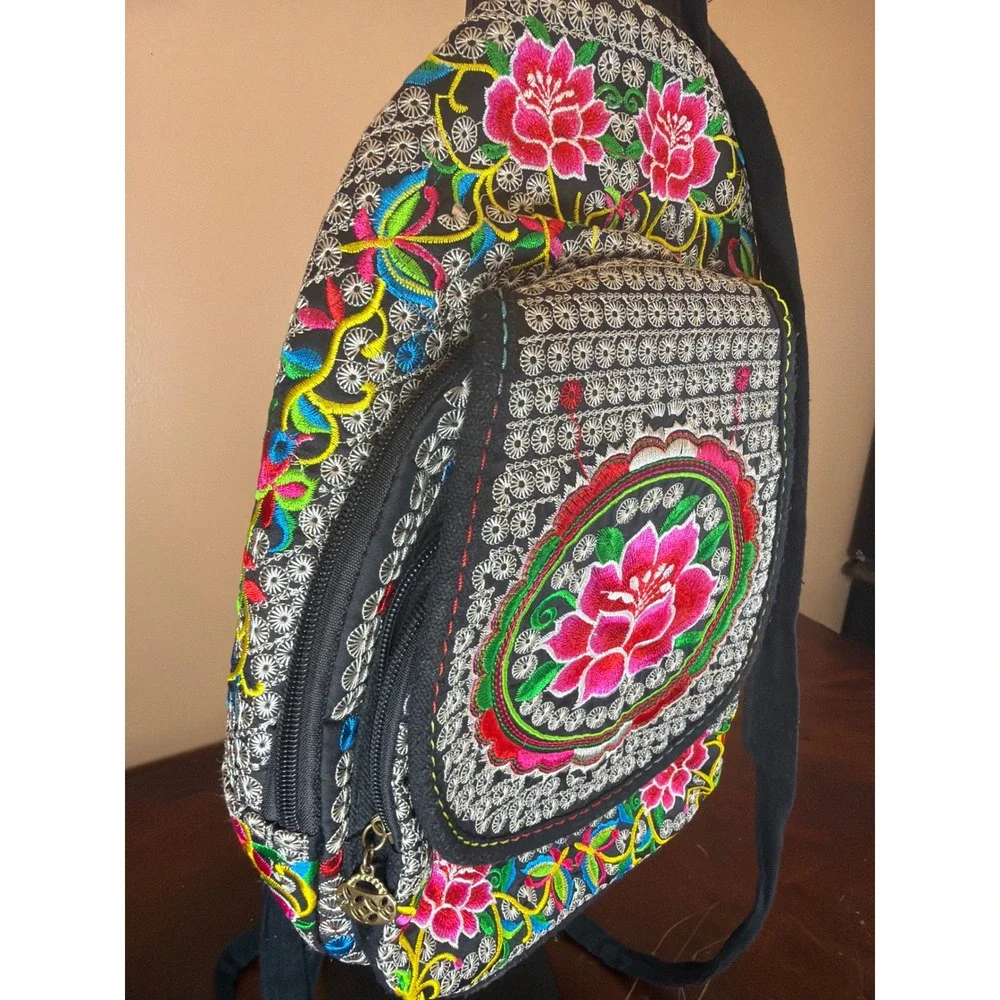 Boho‎ Floral Embroidered Mini Backpack Sling Bag Black Pink Lotus Folk Art